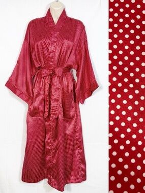 Christian Dior Vintage Satin Kimono Robe Red White Polka Dot